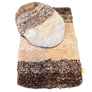 Shag Bath Mat Set Toilet Seat Cover Brown Tan Plush Microfiber Rug Set
